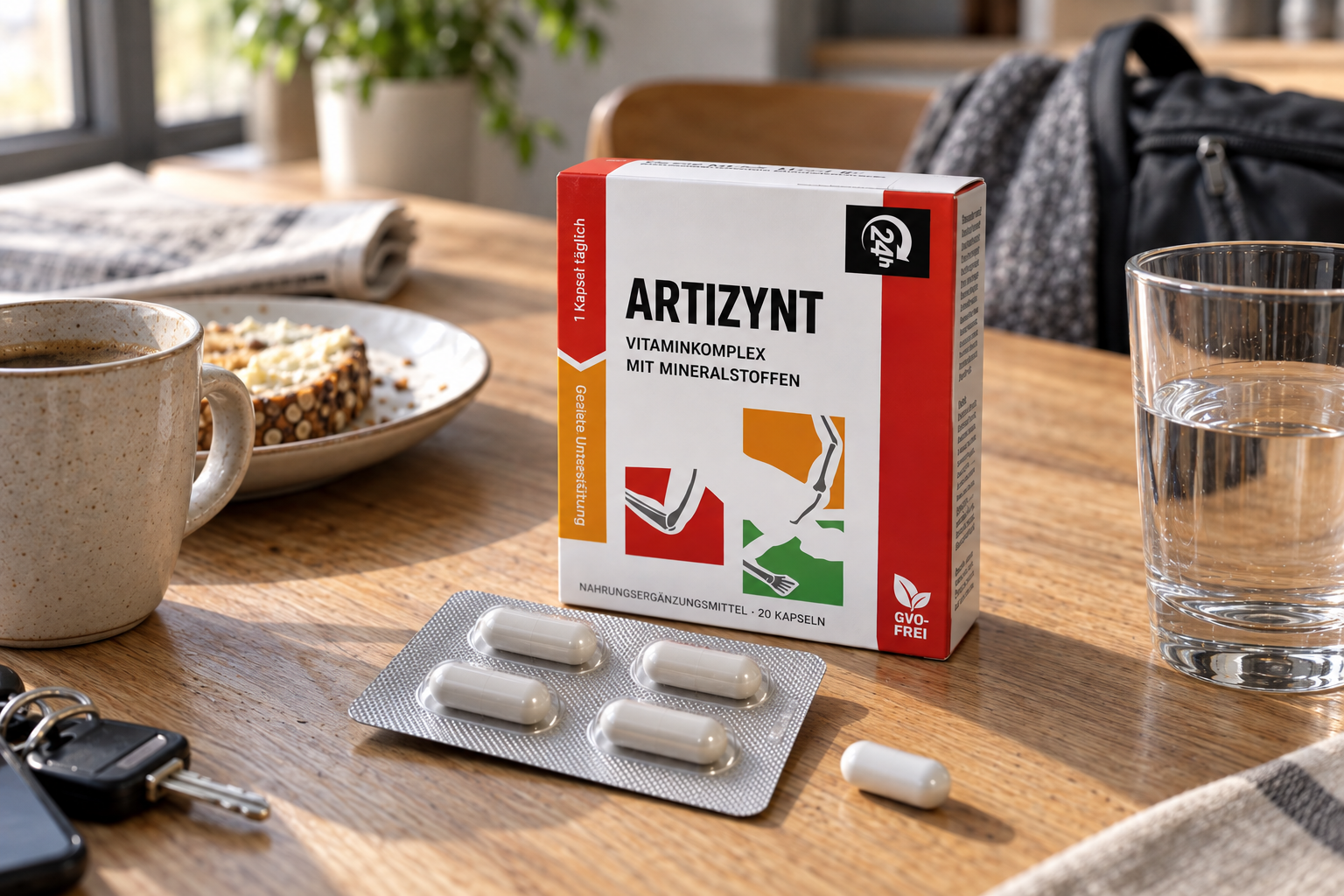 ArtiZynt-Packung und Blister mit Kapseln auf dem Küchentisch neben Frühstück und einem Glas Wasser