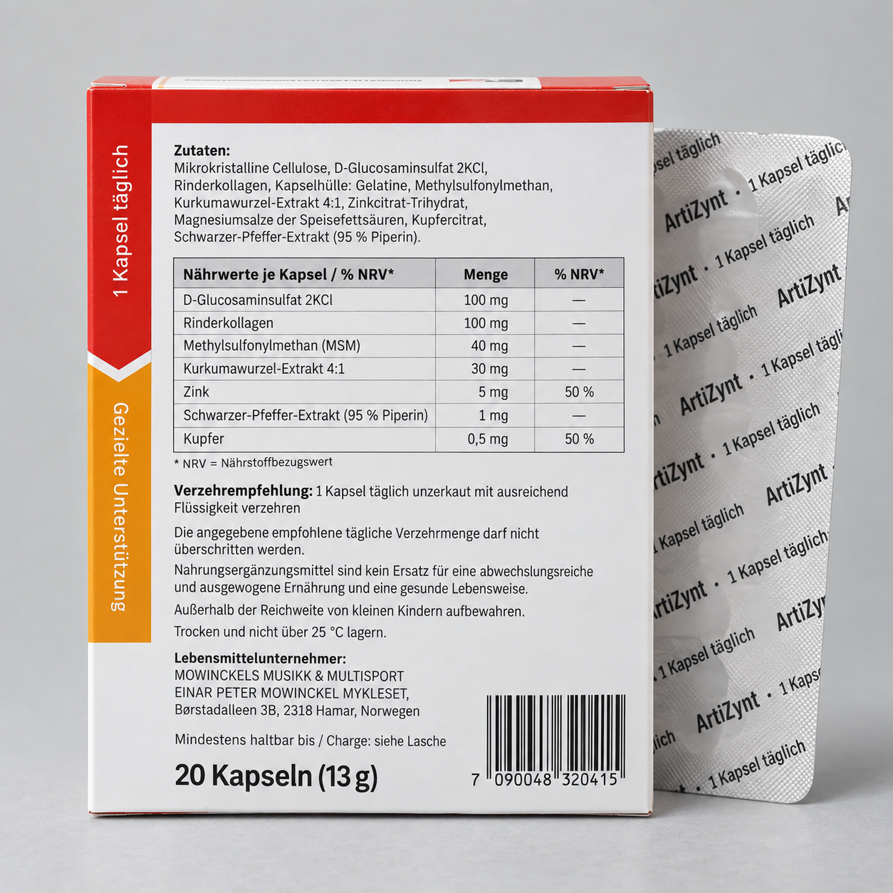 Rückseite der ArtiZynt-Faltschachtel mit Zutatenverzeichnis und Nährwerttabelle, daneben der Blister
